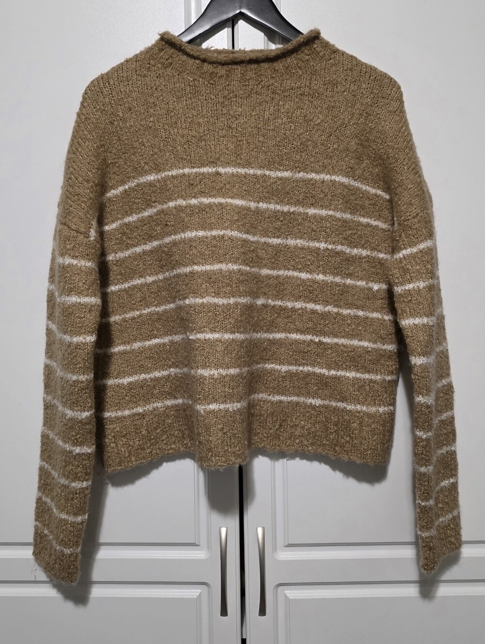 J.Crew Womens Tan Wool Alpaca Blend Boucle Stripe Rolled Neck Pull Over Sweater